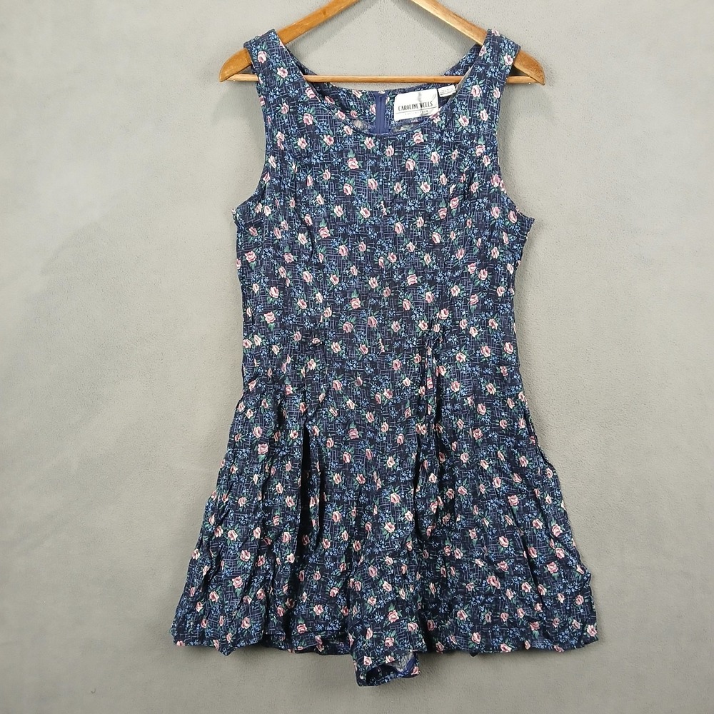 Vintage Caroline Wells Collection Romper Womens 12 Dark Blue Pink‎ Floral Rayon